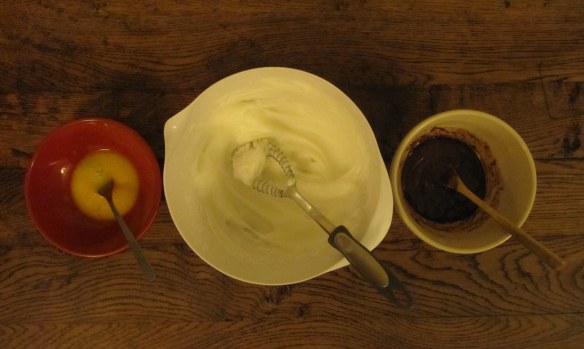 Beaten egg yolk, egg white and melted chocolate